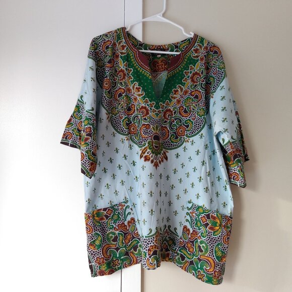 Vintage Jamaican Dashiki Tunic Shirt Size Large Pockets Hippie Boho Blue - Picture 4 of 13